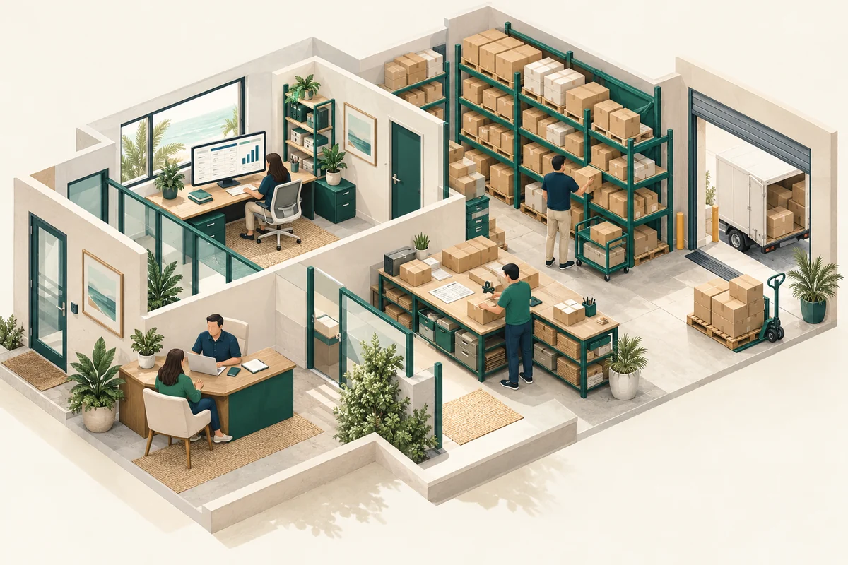A conceptual business cutaway showing sales, ERP reporting, inventory storage, packing, and fulfillment.