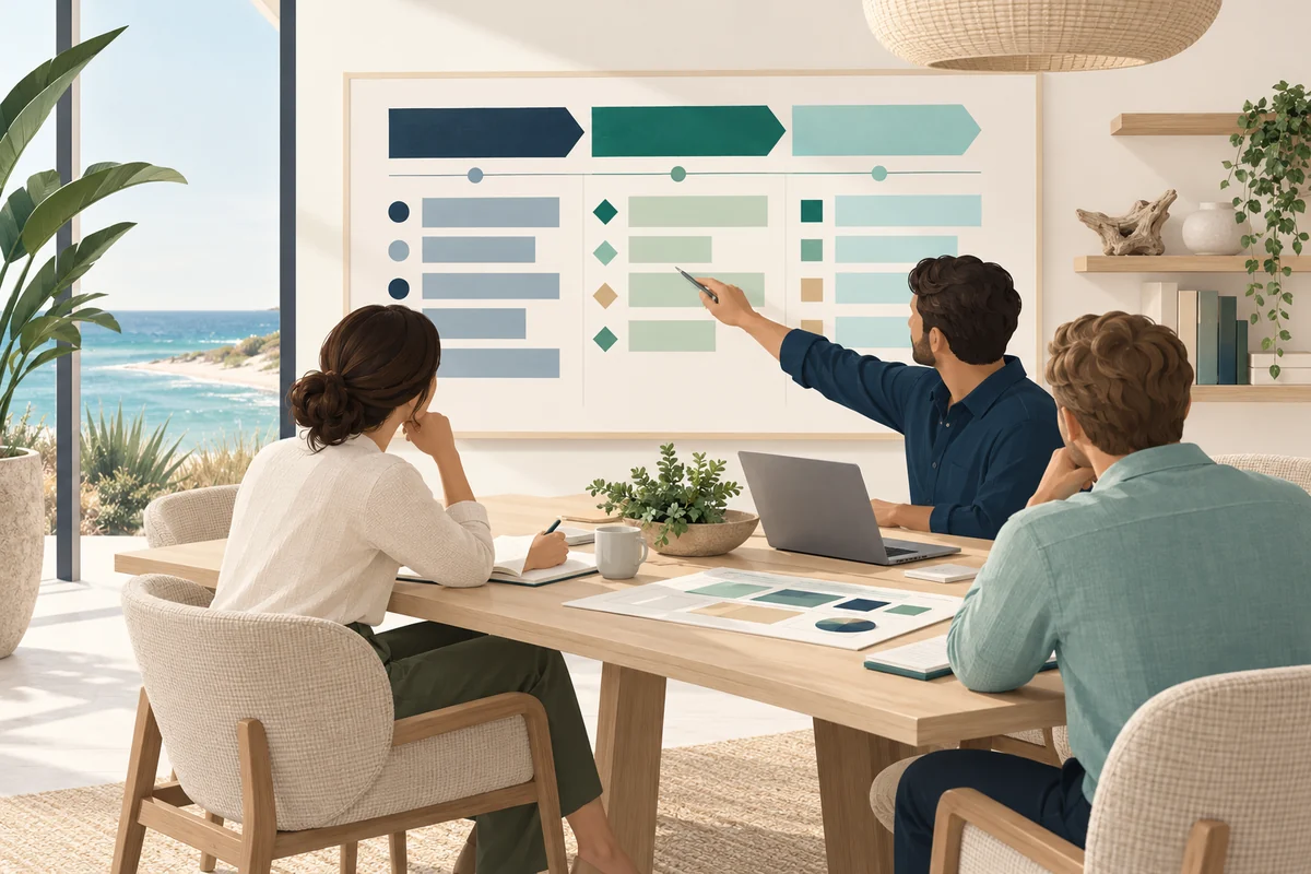 A conceptual technology planning workshop with a shared roadmap, business workflows, and a laptop.