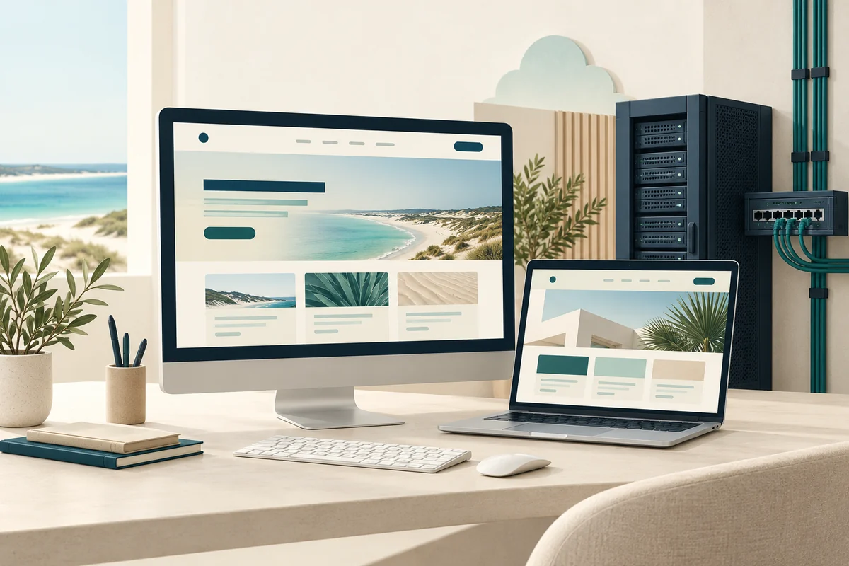 A conceptual workspace with a website on desktop and laptop screens, a server cabinet, and network cabling.